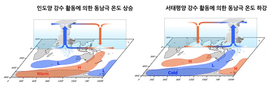 IBS 기후물리 연구단은 열대 서태평양 지역의 강수활동 증가가 남극 대륙 동쪽의 지표 기온 하강에 영향을 미친다는 사실을 입증했다. 사진은 '매든-줄리안 진동' 강수 활동에 따른 남극 동쪽 지역의 온도 변화  IBS 제공